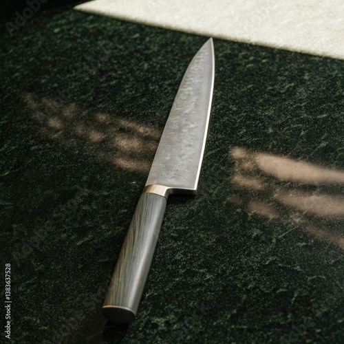 A sleek, sharp kitchen knife rests on a dark green countertop, showcasing its elegant design and craftsmanship.