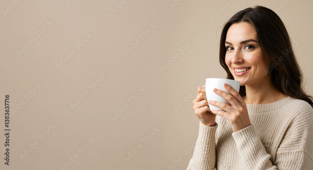 Smiling woman enjoying a warm drink against a neutral background Smiling woman enjoying a warm drink against a neutral background