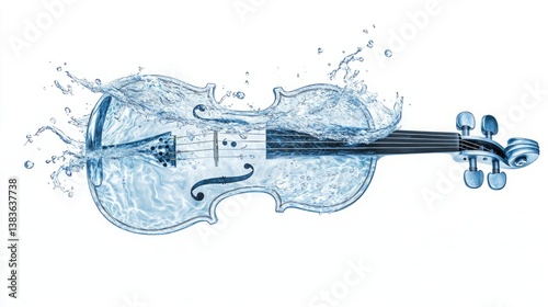 Hyperrealism painting surreal vivid detailed. A transparent violin emerges from water, creating an artistic splash, symbolizing harmony between music and nature.