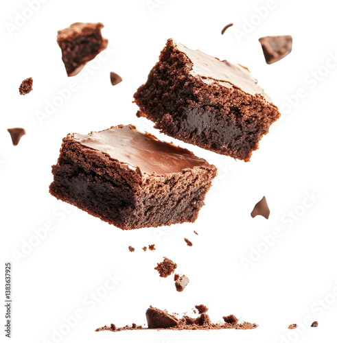 Mouthwatering homemade chocolate brownies tumbling apart in a delightful display of rich fudgy indulgence The crumbly gooey texture invites a sensory experience of pure culinary delight