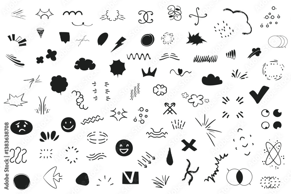 Set of doodle hand drawn anime manga grunge elements. Charcoal, chalk arrows, speech bubble, abstract shapes, graphic effects for character emotions. Crayon scribble brush geometric vector icons