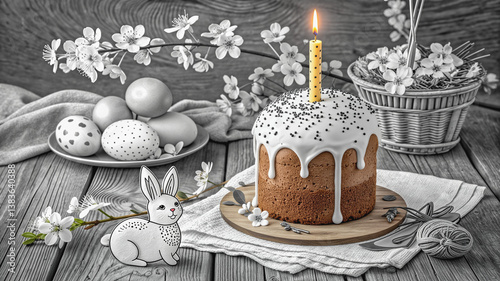 Monochrome Easter card with kulich