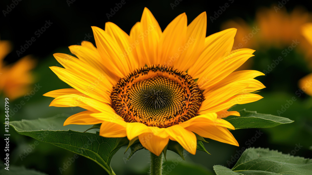 Obraz premium vibrant sunflower with bright yellow petals and dark center stands out against blurred green background, radiating warmth