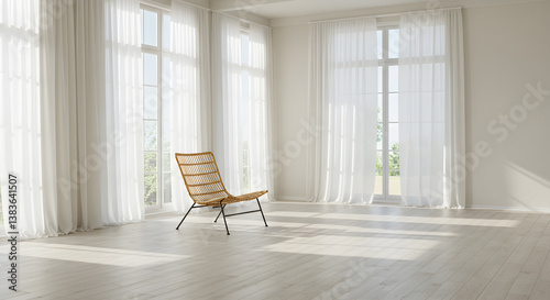 Bright Room Interior With Sheer Curtains And Wicker Chair By Windows