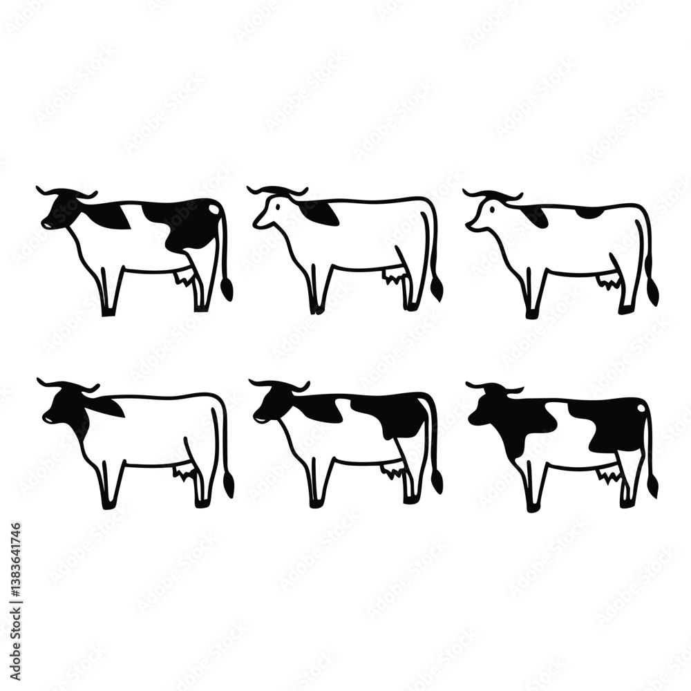 Fototapeta premium Black Cow silhouette vector icon set isolated on white background.