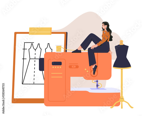 Fashion designer with sewing machine. Vector illustration