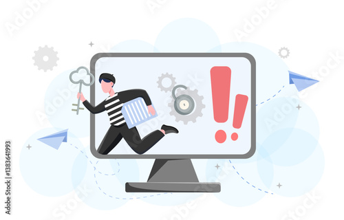 Hacker escaping computer screen concept. Vector illustration