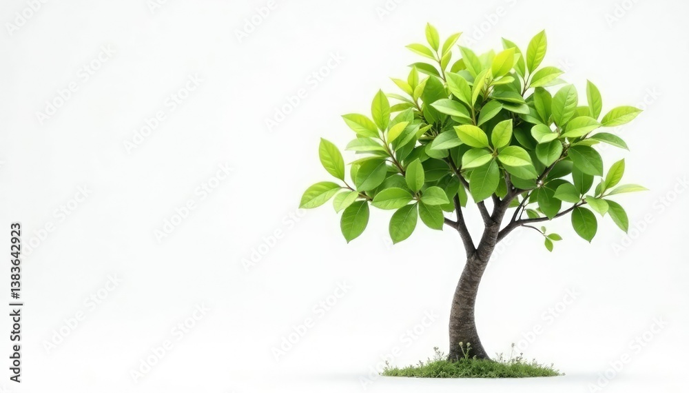 Fototapeta premium Single young tree, delicate leaves, white backdrop, delicate, plant