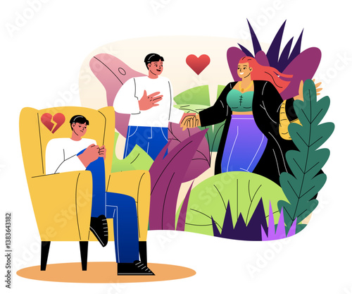 Man healing from heartbreak through love. Vector illustration