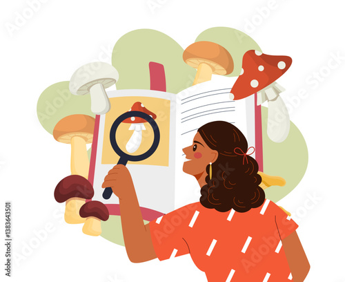 Girl studying mushrooms with magnifier. Vector illustration