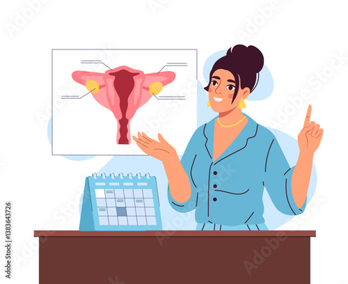 Woman explaining female reproductive system. Vector illustration