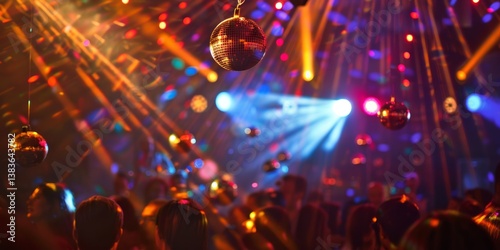 Vibrant Nightclub Atmosphere: Disco Ball Lights and Dancing Crowd