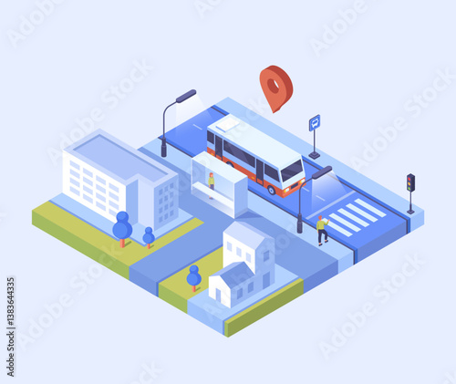 Urban isometric bus stop scene. Vector illustration