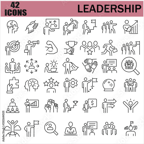 leadership icon set. 42 line leadership icons. Simple modern icons about - enterprise, teamwork, career promotion, businesswoman, agreement, meeting, team, businessman, employee. EPS 10.