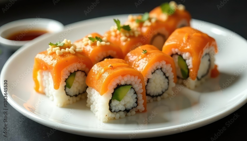 Variety of sushi rolls on white plate, soy sauce , isolated, fresh, plate Variety of sushi rolls on white plate, soy sauce , isolated, fresh, plate