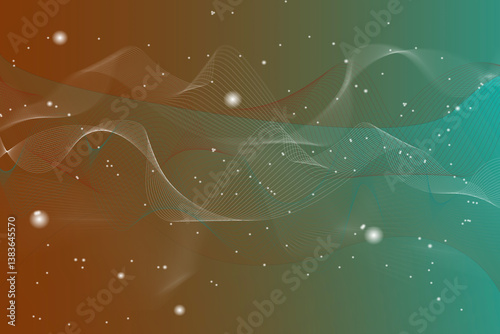 Obraz na płótnie Abstract illustration with flowing lines and shimmering dots on a gradient brown and green blue color background. Evokes a sense of wonder and movement w salonie