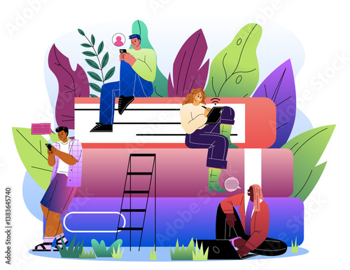 Students interacting with digital devices. Vector illustration