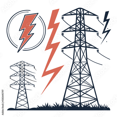 Electricity Line Icons – Power Tower, High Voltage, Energy Symbol, Electric Grid