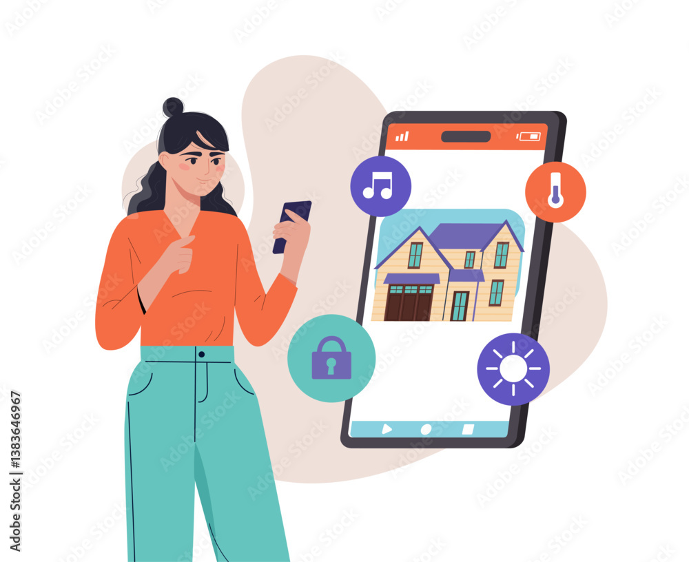 Fototapeta premium Woman using smart home control app. Vector illustration