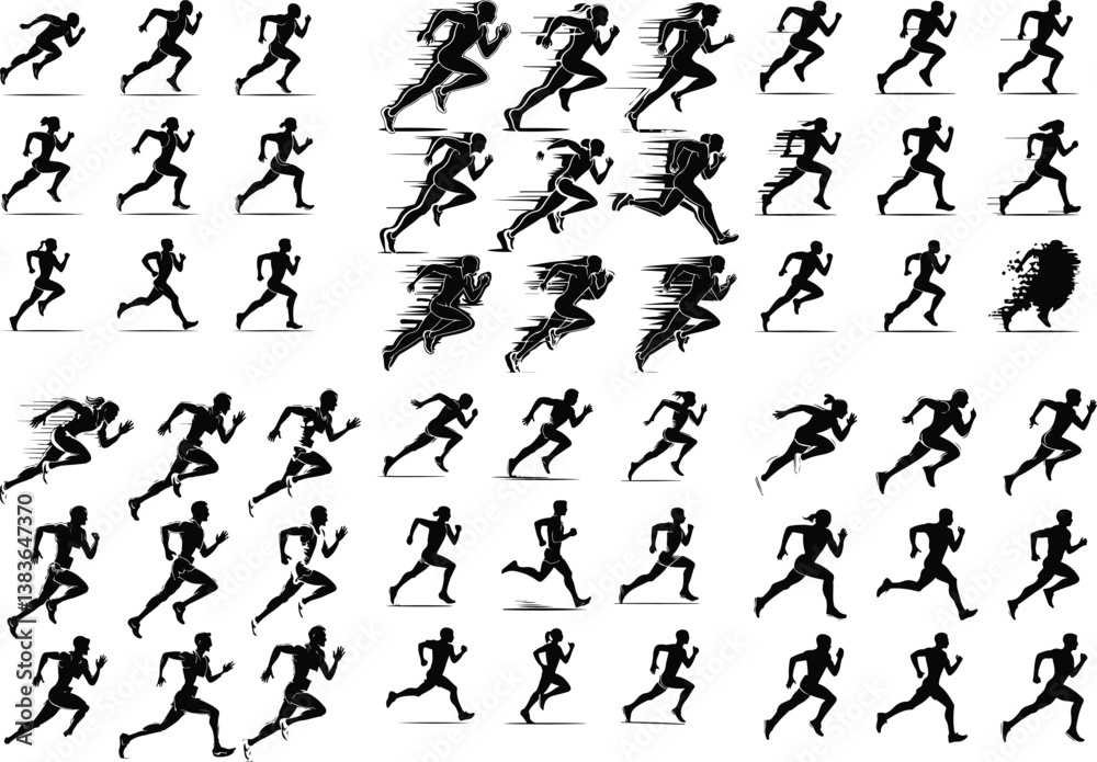 Naklejka premium Dynamic Runner Silhouette Set | Fitness, Sports, and Marathon Training Illustration Dynamic Runner Silhouette Set | Running Pose and Athlete Motion Vector Collection