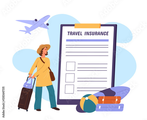 Travel insurance with tourist gear. Vector illustration