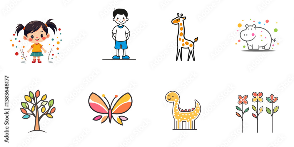 title: colorful drawings on white background, artistic, [with spaces]