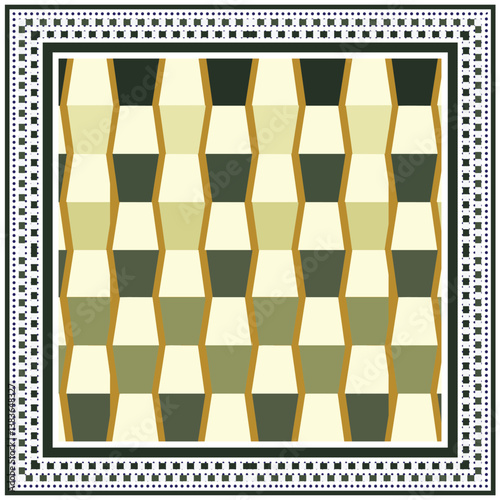 Repeating square print scarf pattern of beige and green cubes on a cream background, framed by a decorative border, it could be used as a wallpaper, fabric design, pillow cover, curtains and bag