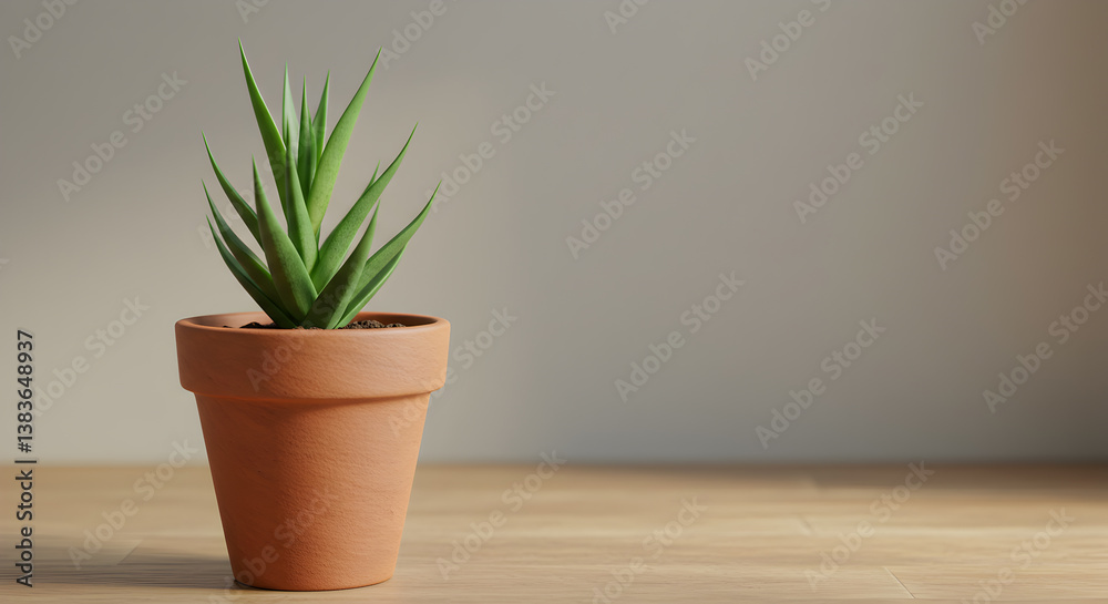 Fototapeta premium Solitary Terracotta Pot Holding a Slender Succulent on a Wooden Tabletop