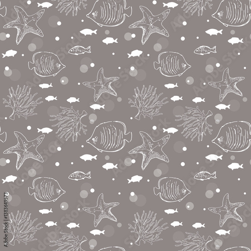 Seamless pattern on a marine theme in line art style with fish, starfish, shells and underwater plants on a brown background. Hand-drawn