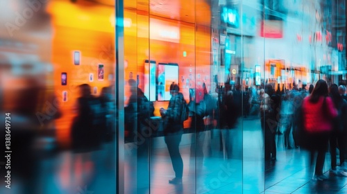 City shopping mall, blurred crowds, vibrant storefront, night scene, retail advertising