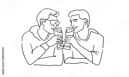 Two men drinking beer, male friendship continious line drawing. Beer party. Vector illustration	