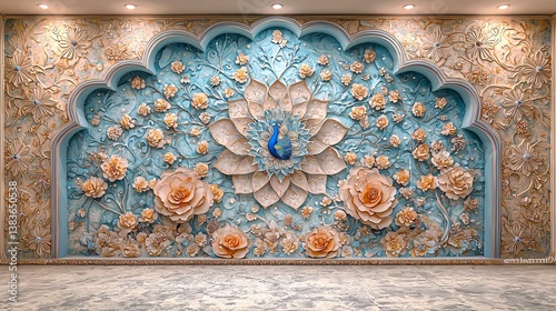 Fototapeta Naklejka Na Ścianę i Meble -  Intricate peacock floral wall art, interior design, elegant room