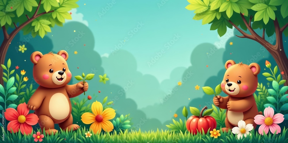 Obraz premium Playful design featuring cute bear characters surrounded by various plant elements, playful, foliage