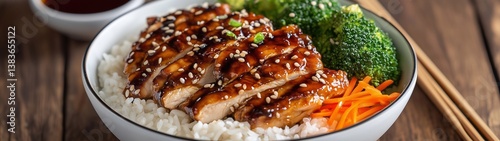 An Asian-inspired rice bowl topped with perfectly grilled teriyaki chicken, drizzled with a glossy, caramelized sauce.