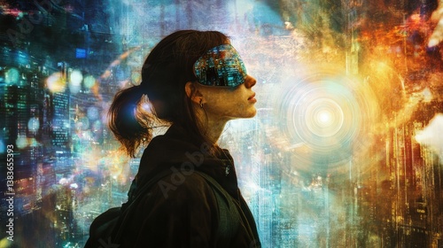 Woman with futuristic city background using ai-generated navigation for enhanced experience as a visually impaired person