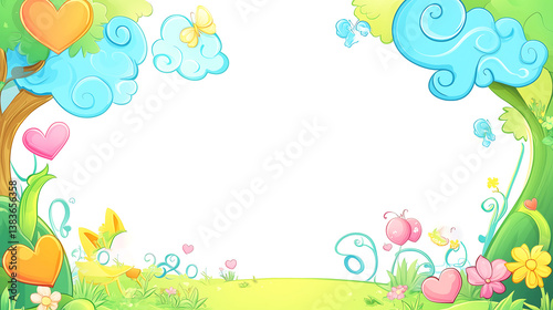 Cartoon nature border with trees, clouds, grass, flowers, hearts, and butterflies, forming a cute and colorful frame on white background for kids’ designs or invites.