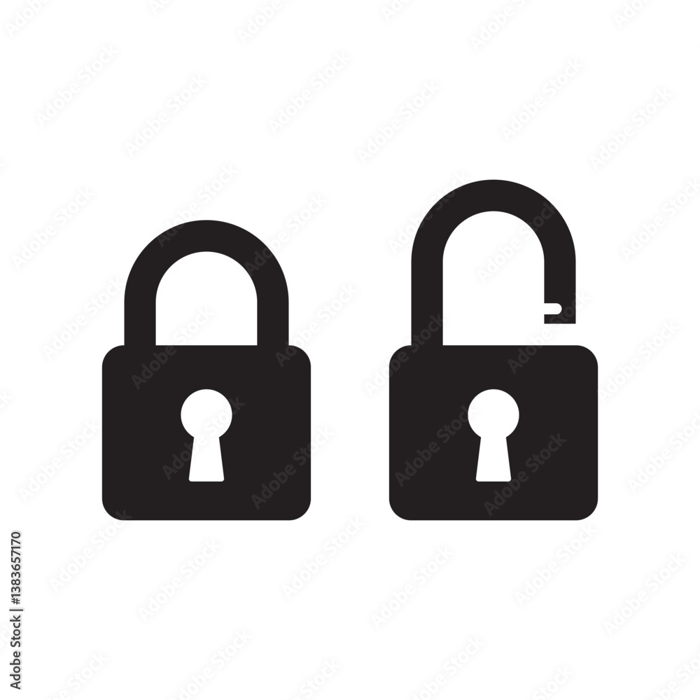 A vector illustration of a locked and unlocked padlock icon in black. Perfect for security, privacy, access control, and encryption concepts. Ideal for web design, apps, and digital security themes. A vector illustration of a locked and unlocked padlock icon in black. Perfect for security, privacy, access control, and encryption concepts. Ideal for web design, apps, and digital security themes.