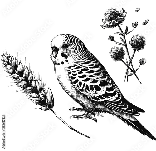 Budgerigar line art drawing ink sketch vector hand drawn illustration background
