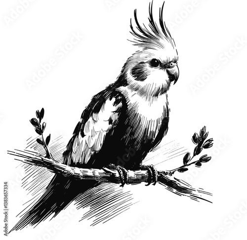 Cockatiel line art drawing ink sketch vector hand drawn illustration background