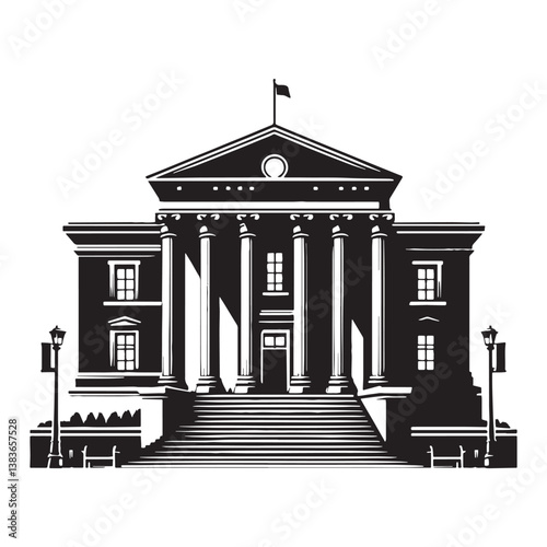 Elegant Courthouse silhouette, showcasing the grand architecture of legal institutions – Courthouse illustration – Courthouse vector – Judicial building silhouette

