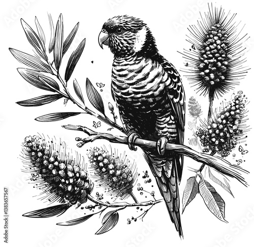 Lorikeet line art drawing ink sketch vector hand drawn illustration background