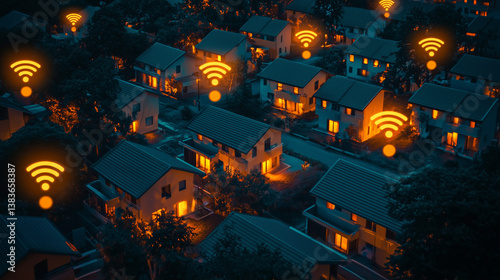 Aerial View of Neighborhood with Wi-Fi Signals Illuminating Houses