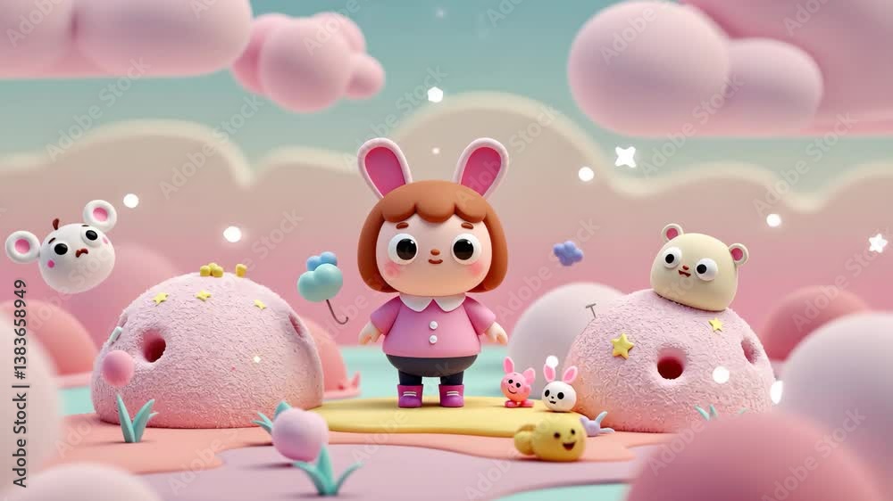 Cartoon Girl with Bunny Ears Surrounded by Cute Animals on Pink Pastel Landscape with Dreamy Clouds and Magical