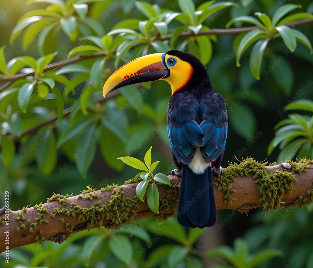 Obraz premium The image features a vibrant toucan perched on a branch of a tree with green leaves, The toucan has a bright yellow beak and a colorful plumage, predominantly black with red and blue accents