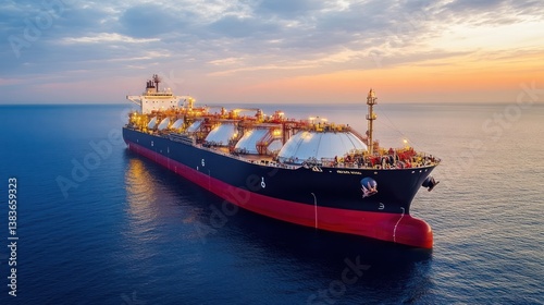 LNG carrier gliding across tranquil waters under a twilight sky, offshore transit