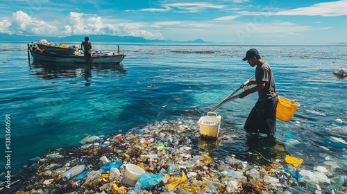 People collect plastic waste from the ocean to promote conservation.