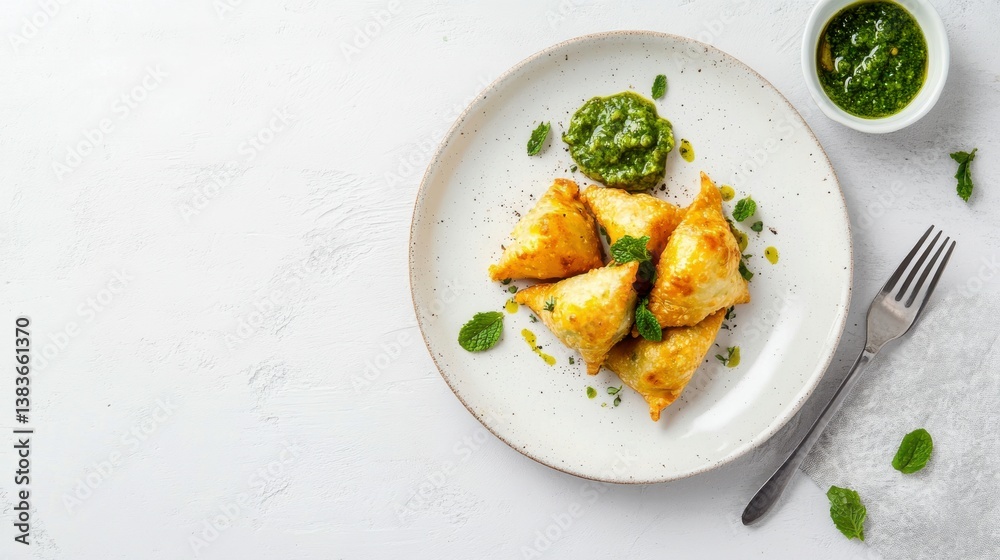 Golden Bites and Green Harmony: Appetizing samosas, complemented by vibrant green sauce and fresh herbs, present a delightful culinary experience on a simple, yet elegant, presentation. Golden Bites and Green Harmony: Appetizing samosas, complemented by vibrant green sauce and fresh herbs, present a delightful culinary experience on a simple, yet elegant, presentation.