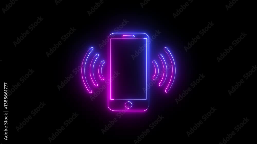 glowing neon pink  red mobile phone wifi  animation icon on black background .