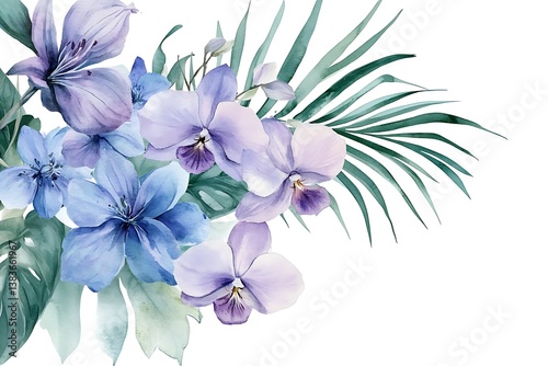 Watercolor Floral Composition – Purple & Blue Orchids, Lilies, Agapanthus with Palm Leaves