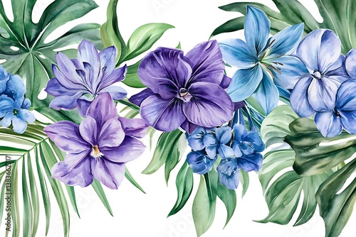 Watercolor Floral Composition – Purple & Blue Orchids, Lilies, Agapanthus with Palm Leaves